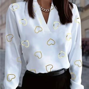Heart Print V-Neck Blouse, Elegant Long Sleeve Blouse, Women's Clothing